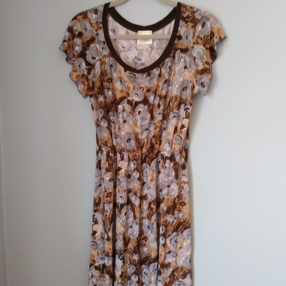 Brown Flowery Easy Midi Dress by Mandala Size Large Elastic Waistband Scoop Neck